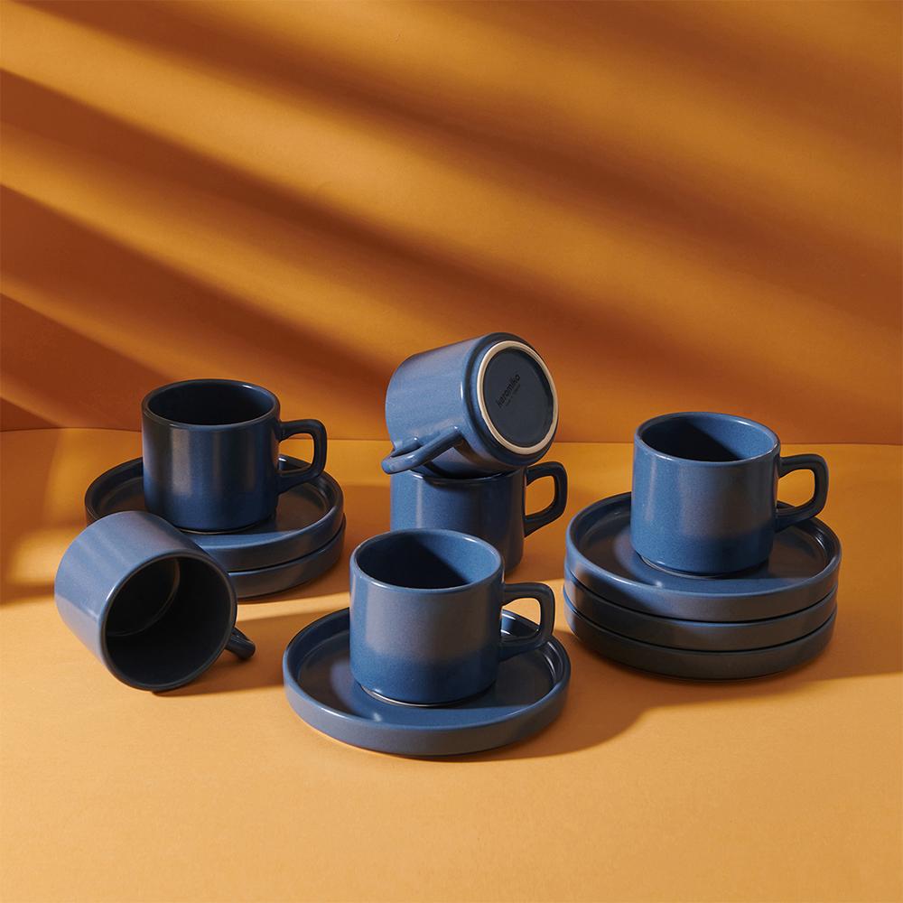  Keramika Stackable 12 Parça Çay Fincan Seti - Mavi