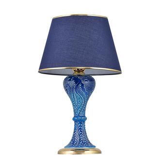 Safir Light Gordion Çini Detaylı Seramik Abajur - Mavi Şapka / Gold Ayak